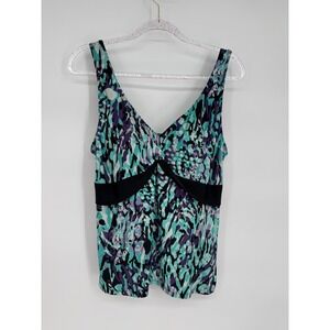 Costa Del Sol Women's‎ Abstract Print Tankini Aqua V Neck Black Trim Sz 16